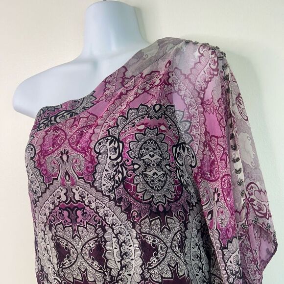 Cache 100% Silk One Shoulder Top S Purple Black Baroque Beaded Evening Blouse - Picture 2 of 11